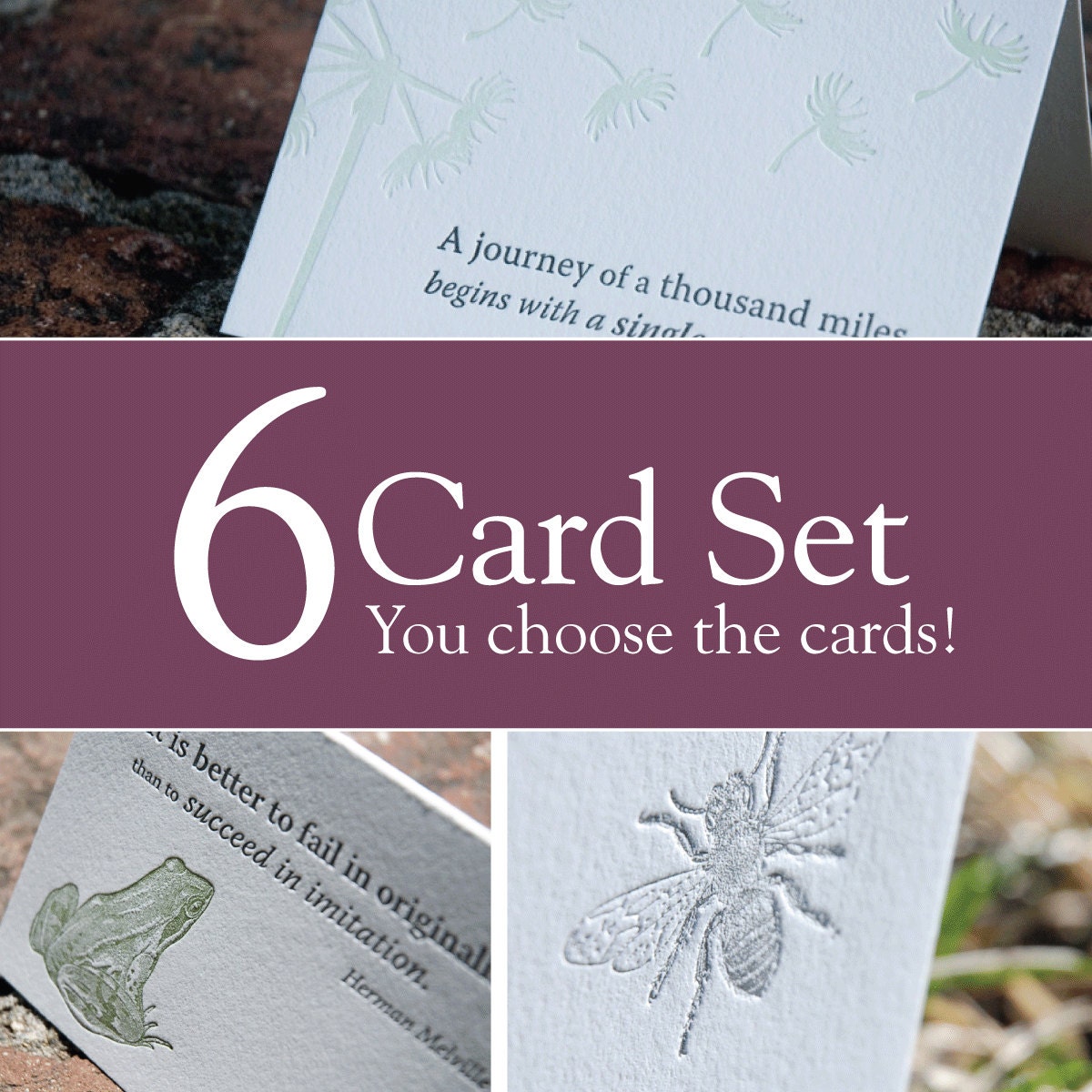 Set of 6 inspirational and funny quote cards, letterpress printed, eco-friendly