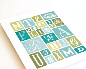 Alphabet Art Print, Childrens Nursery Art, Typography Print, Aqua Blue, Boy // ALPHA BLOCKS
