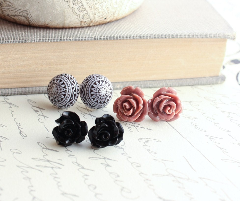Black Rose Earrings, Dusty Rose Pink, Post Earrings, Flower Studs, Resin Jewelry, Black, White, Mosaic Earrings, Jewellery Three Pairs