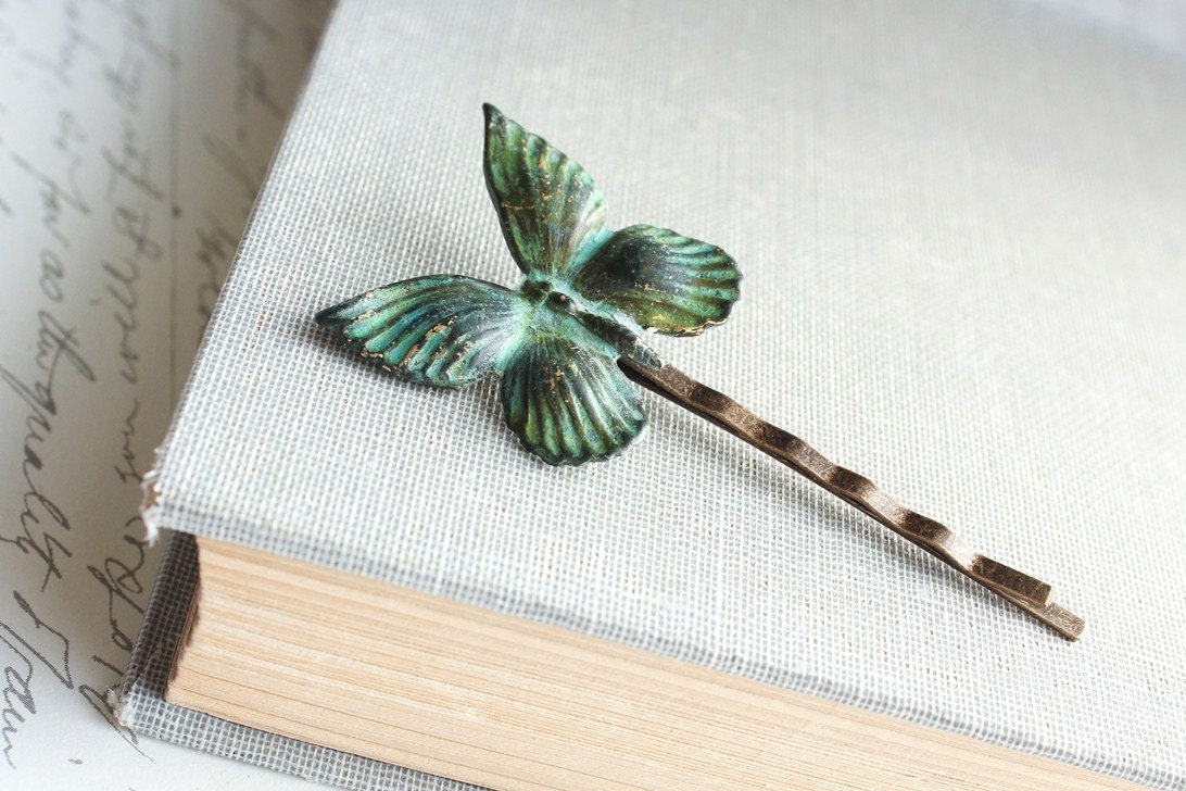 Butterfly Hair Pin, Bobby Pin Vintage Patina Insect Wings Verdigris Teal Turquoise Blue Green Nature Hair Accessories Modern Woodland