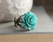 Teal Rose Ring Blue Resin Rose Flower Cocktail Ring Antique Brass Lace Filigree Adjustable Ring Bridal Jewelry Bridesmaids Accessories