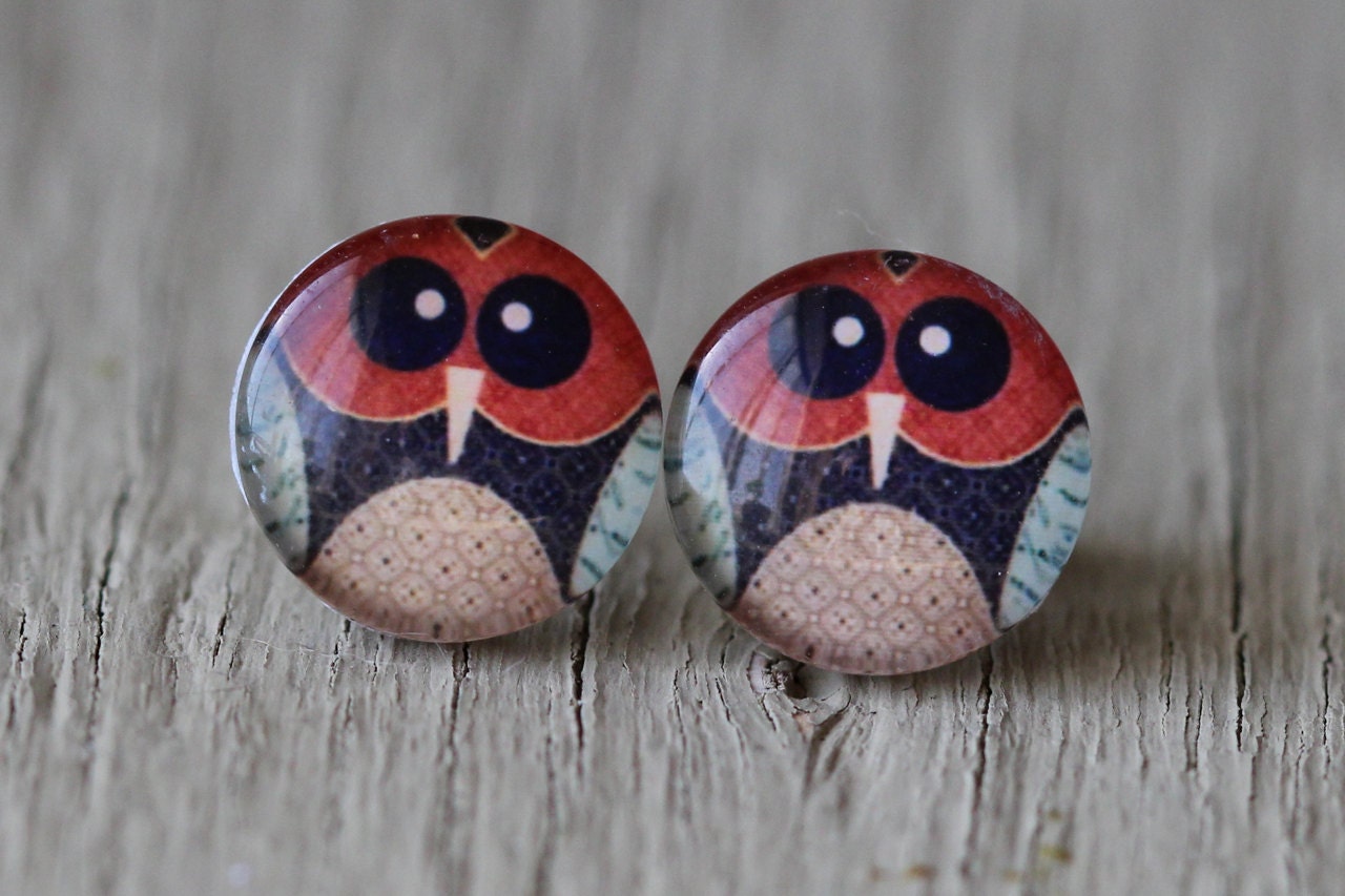 Owl Studs : Red, Brown and Black OWL Glass Earrings, Fake Plugs, Beach, Summer, ArtisanTree, Zoo, Bird