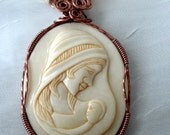 Wire Wrapped Carved Bone Mother & Child Cameo Necklace