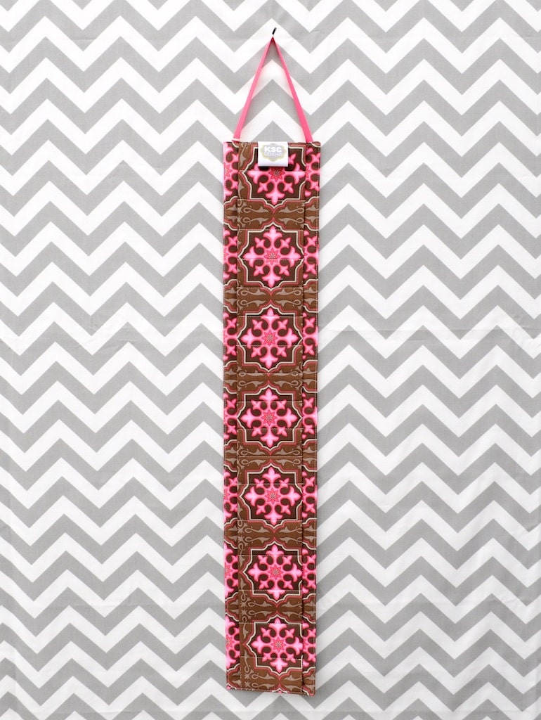 Knitting Needle Hanger or Paintbrush Hanger - Brown and Hot Pink Geometric Fabric
