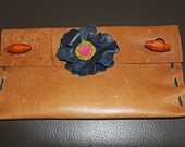 Carmel, Navy, Chartreuse and Hot Pink Leather Flower Clutch Handbag