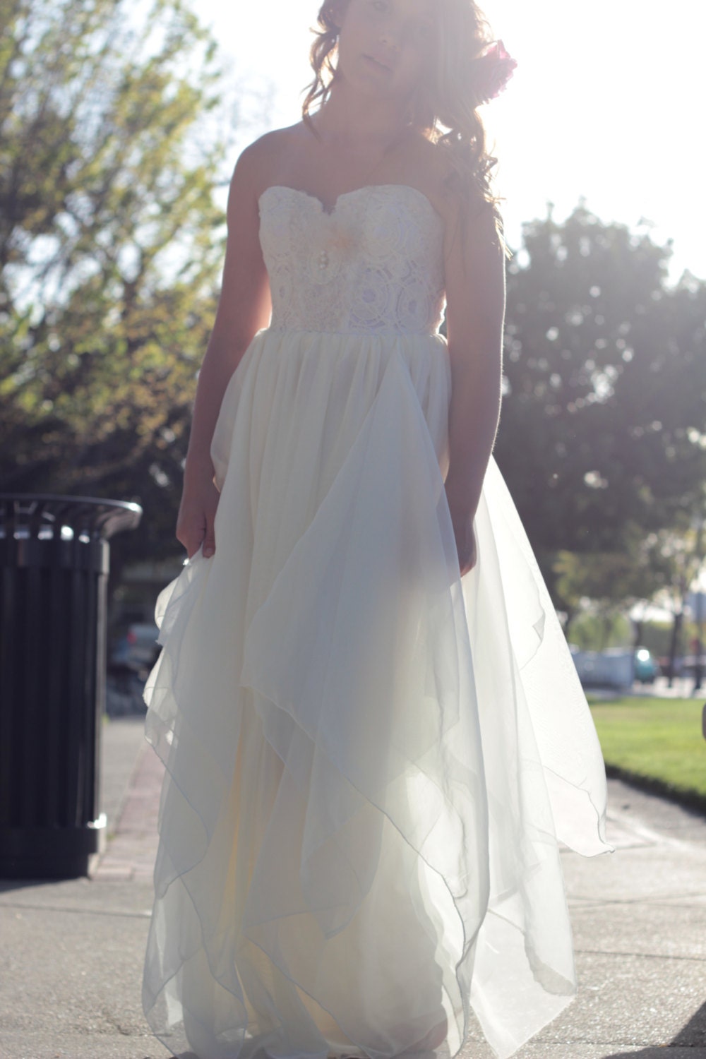 Wedding Dress Strapless  Bustier Chiffon and Lace Bohemian- Morella Gown