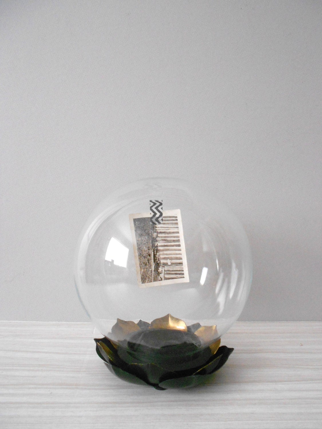 20% sale // rustic glass ball cloche with flower metal base // repurposed // plant terrarium