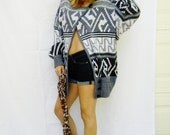 tribal NAVAJO southwestern cocoon batwing CHUNKY knit drapey cardigan sweater. grandpa sweater.