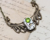 Steampunk Necklace OOAK Olivine Green Olive Choker Steam Punk Jewelry  - Antique Brass- Clockwork Vintage -  Inspired by Elizabeth