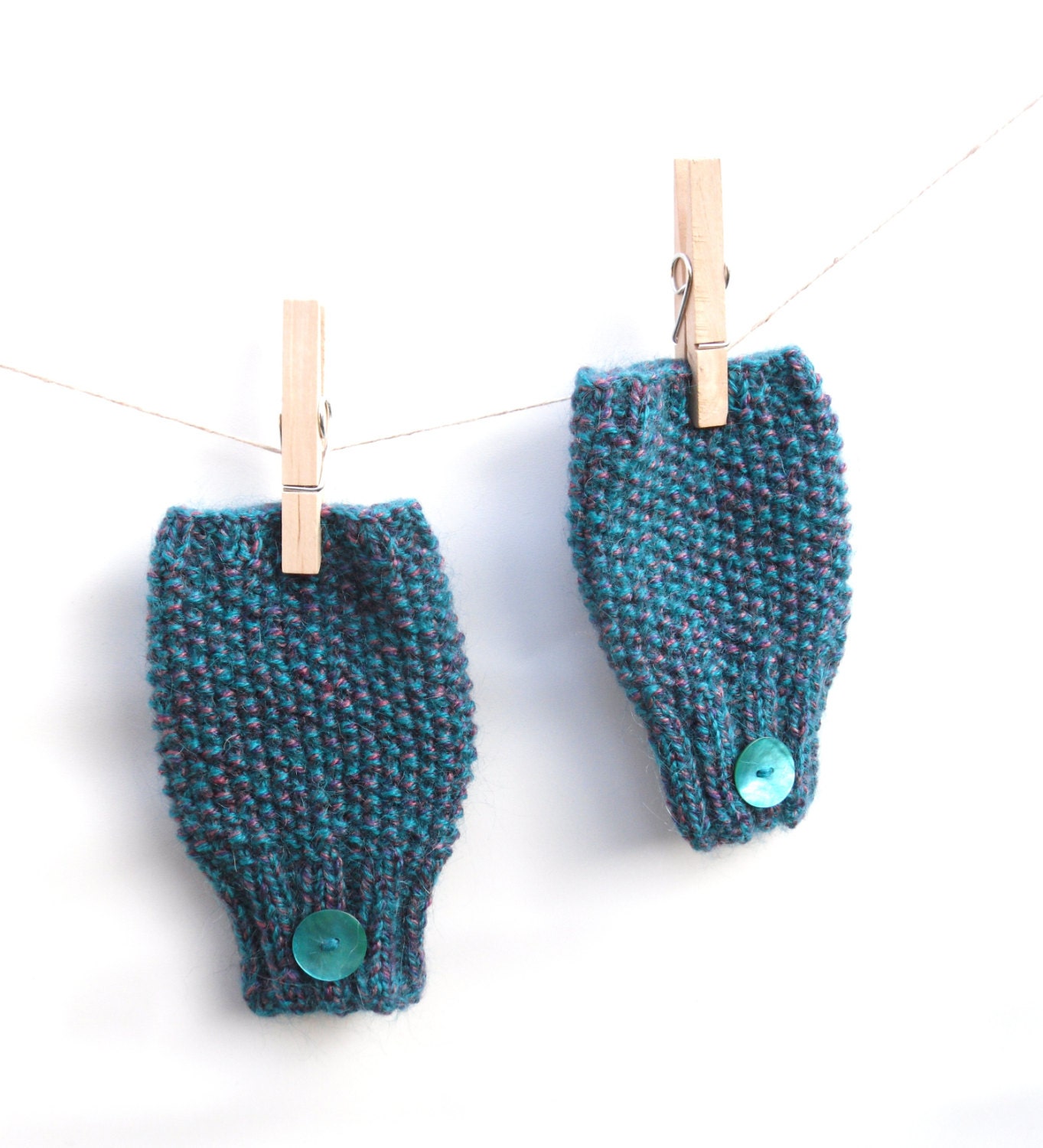 Hand warmers . Dappled turquoise womens fingerless gloves mittens , hand knitted mohair in moss stitch pattern with shiny buttons