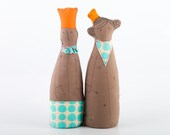 Royal Couple - African King and Queen in Orange crown , skirt and scarf with Turquoise Polka Dots -  handmade eco fabric dolls