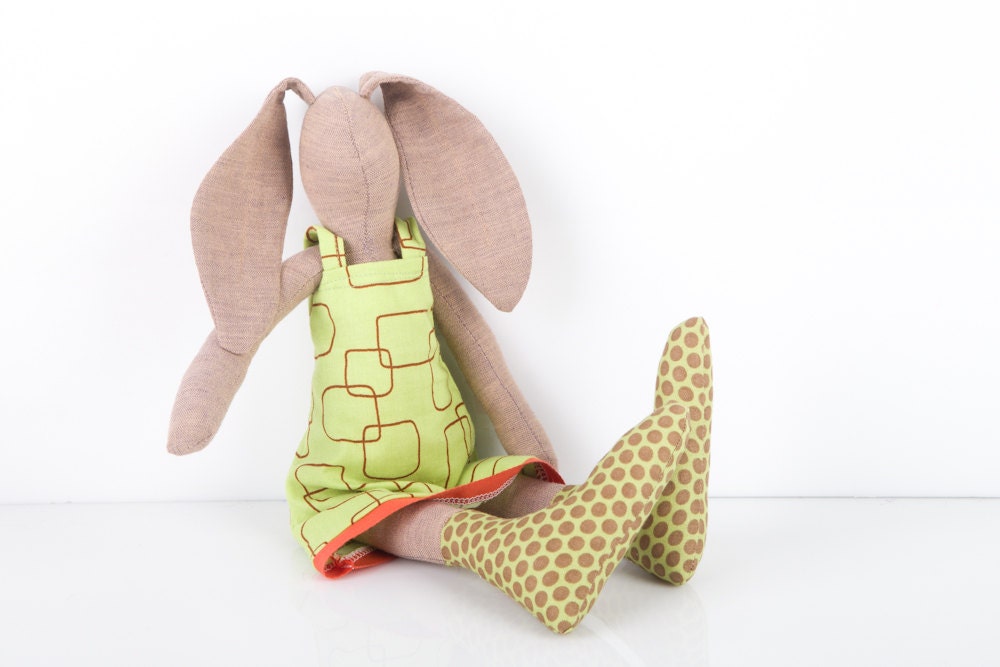 Easter bunny Mocha Softie rabbit doll - Stuffed doll Wearing Geometric Green Dress and Brown dotted socks - handmade fabric eco doll