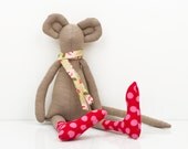 spring Mouse - Light Mocha Brown Mouse Wearing red dotted pink socks and  Pale green floral scarf - handmade fabric doll