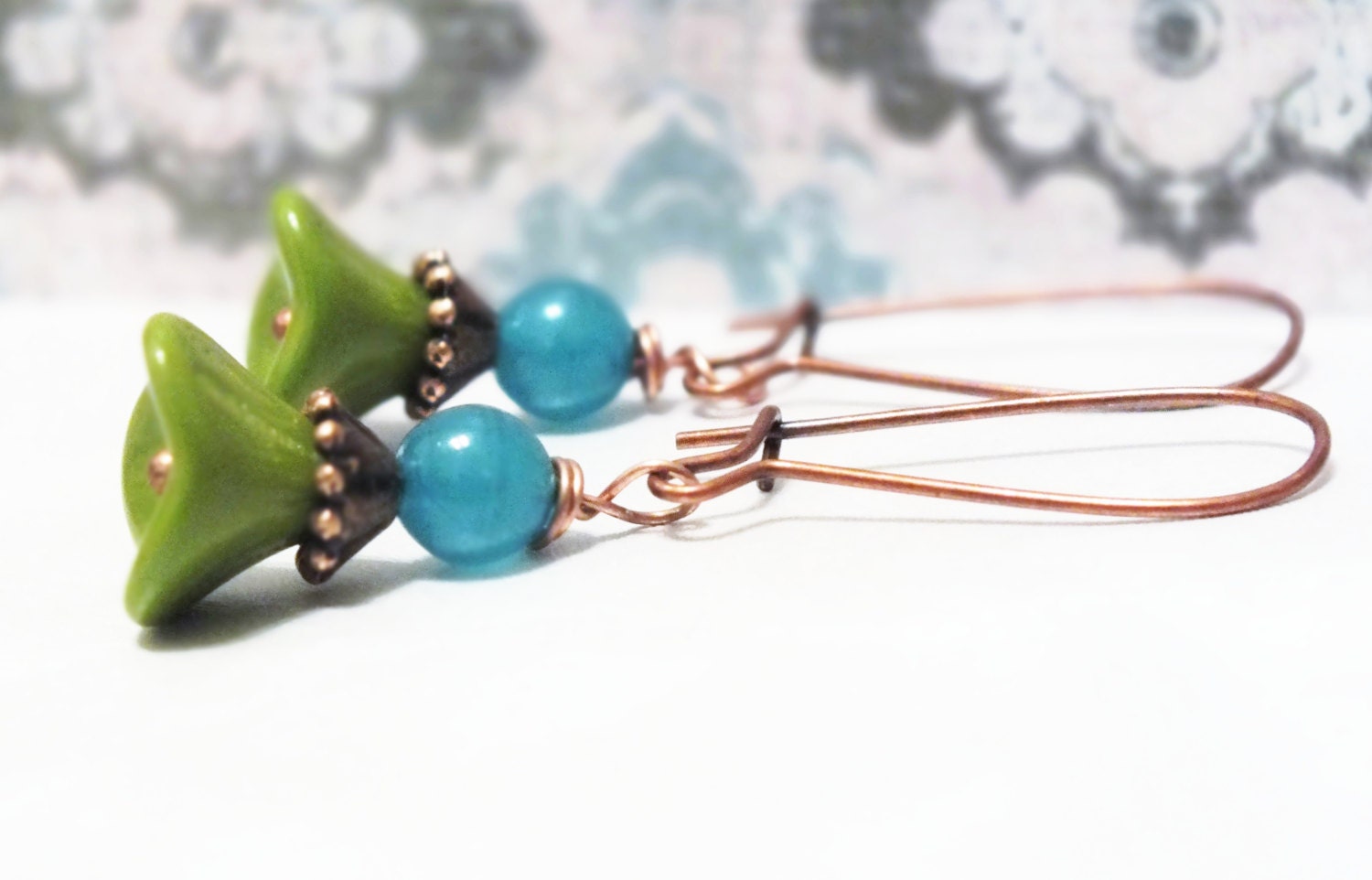 Antique Copper Green & Blue Czech Flower Earrings