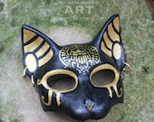 Reserved for Adilio57  -  Black and Gold Egyptian Cat Goddess Mask with earrings and painted winged scarab - Custom order