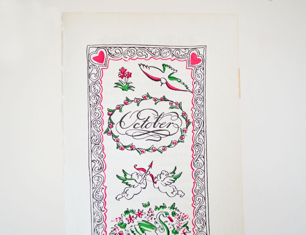 October Vintage Art Print Birthday Month Anniversary Cupid Heart Flowers Illustration Pink Green White Cursive Ornate Romantic