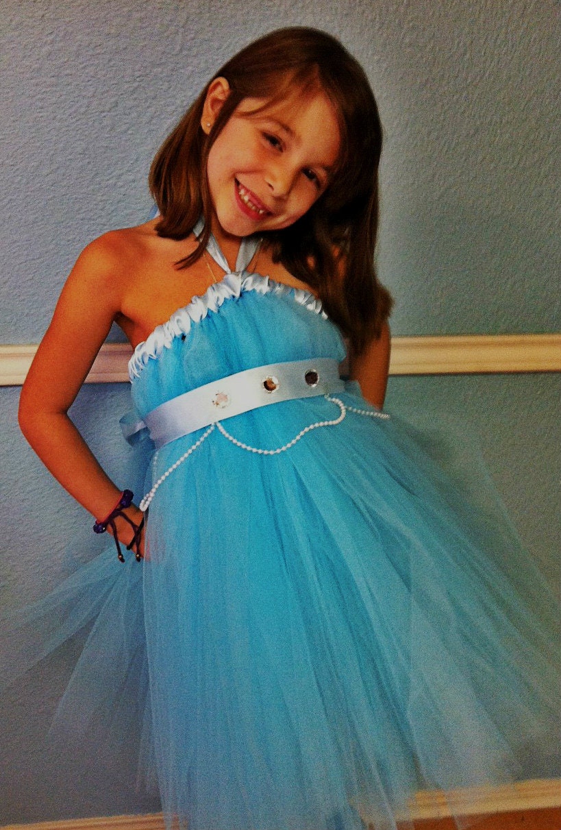 Cinderella Inspired Tutu Dress with Jeweled Crystal Blue Satin Sash