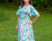 watercolor florals on moonbeam blue - vintage wing sleeved maxi dress