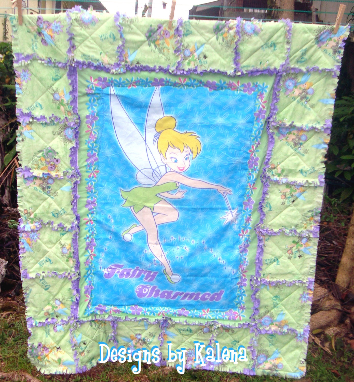 Tinkerbell Rag Quilt - Girl Quilt - Purple, Green, Blue - OOAK - Fairy Dust