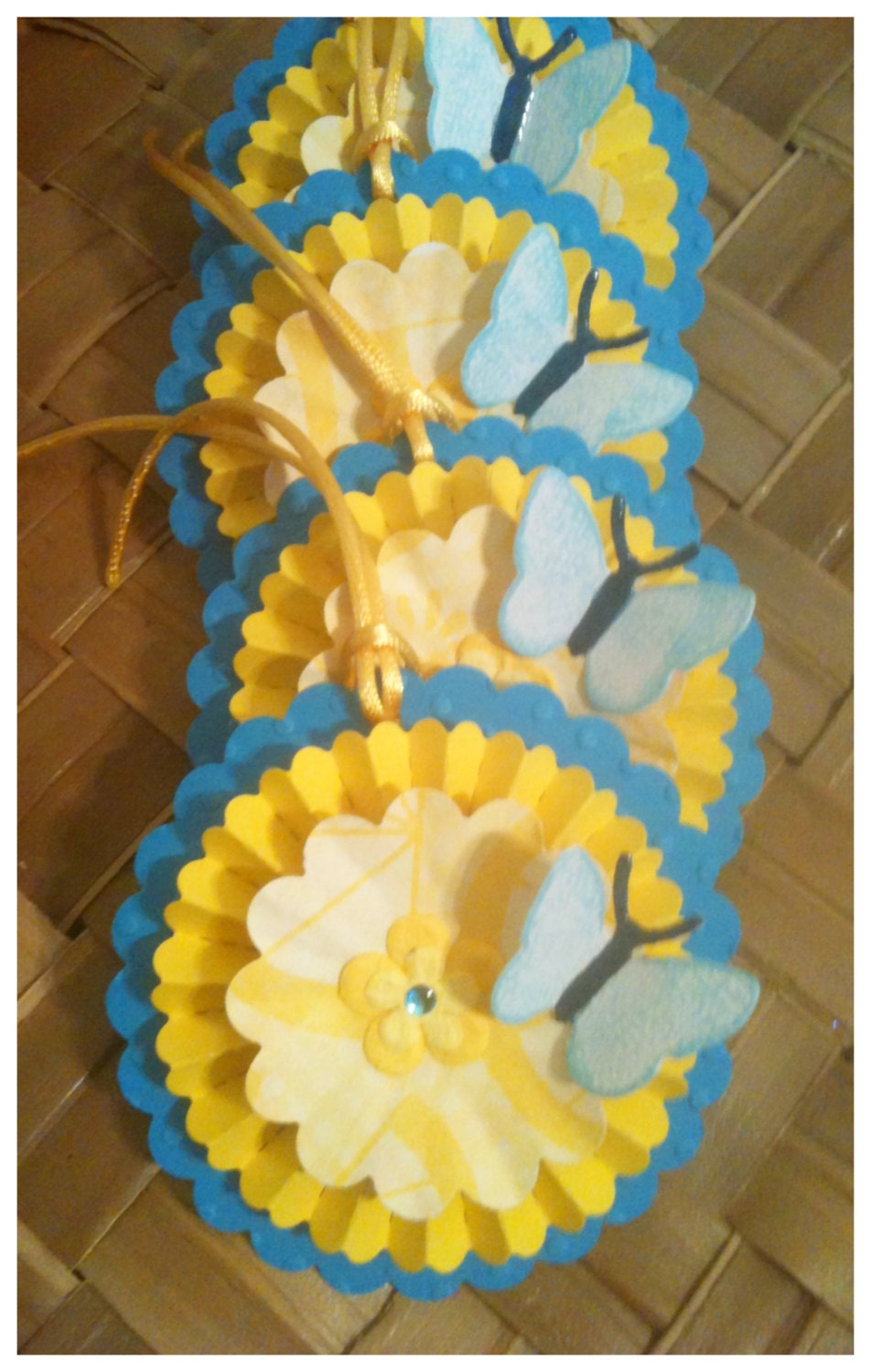 Paper Rosettes Medallions Summer Sunshine Butterfly Lemon Yellow Sky Blue Retro Handmade Ornaments Gift Tags Set of 4