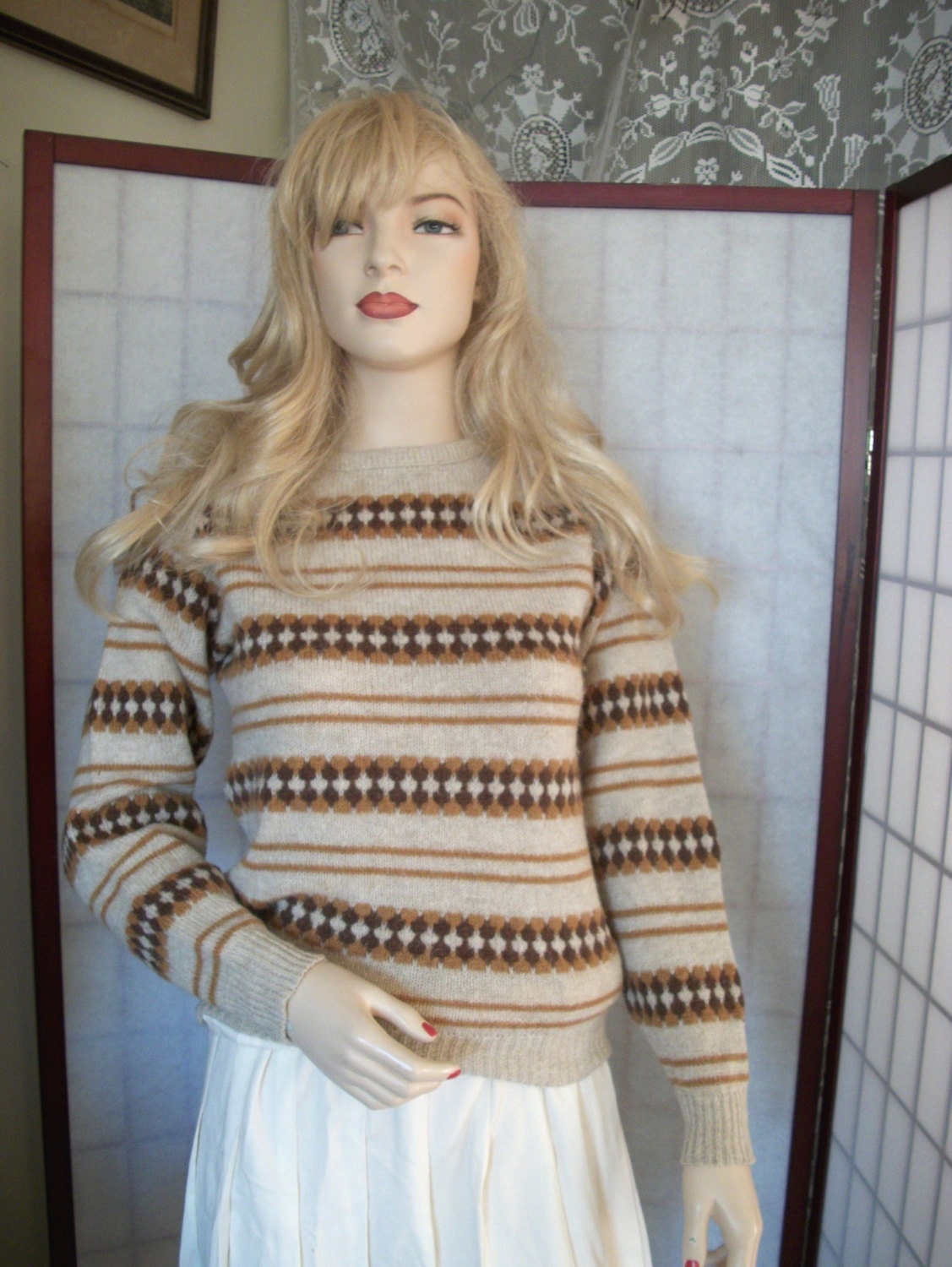 Vintage 70s Fair Isle Strip Sweater Mustard Brown Beige Wool Small.