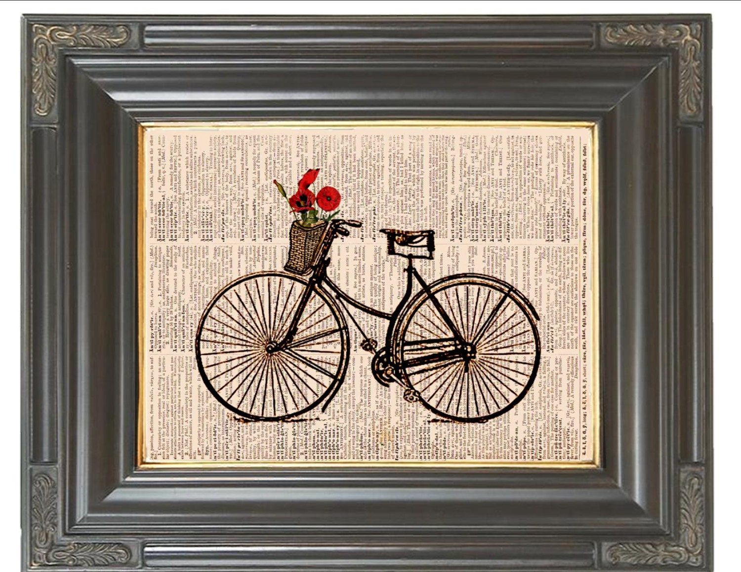BOGO SALE Bicycle Wicker basket Orange poppies Dictionary page art printed on old recycled antique dictionary book page. Item No. 362
