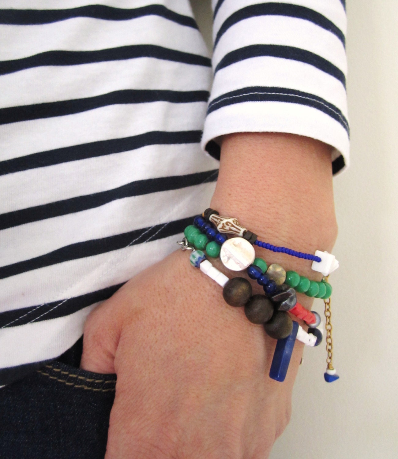 Mixed media bracelet, stacking bracelet, vintage bead bracelet, repurposed bead bracelet, handmade bracelet, blue, pink, white by nicobel