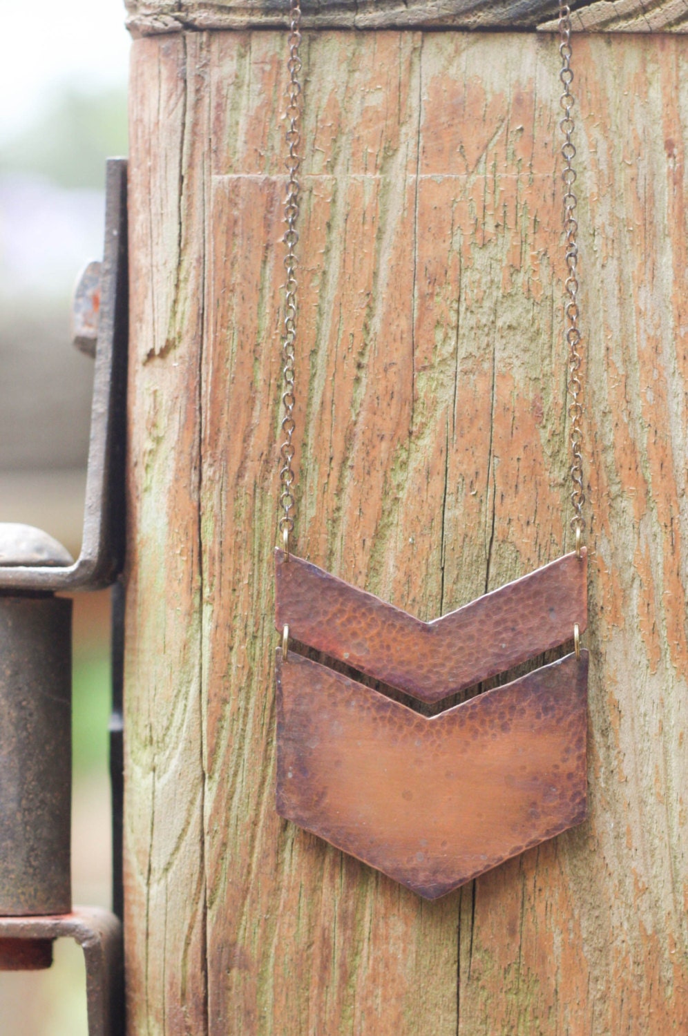 Oxidized Copper Geometric Chevron Long Necklace
