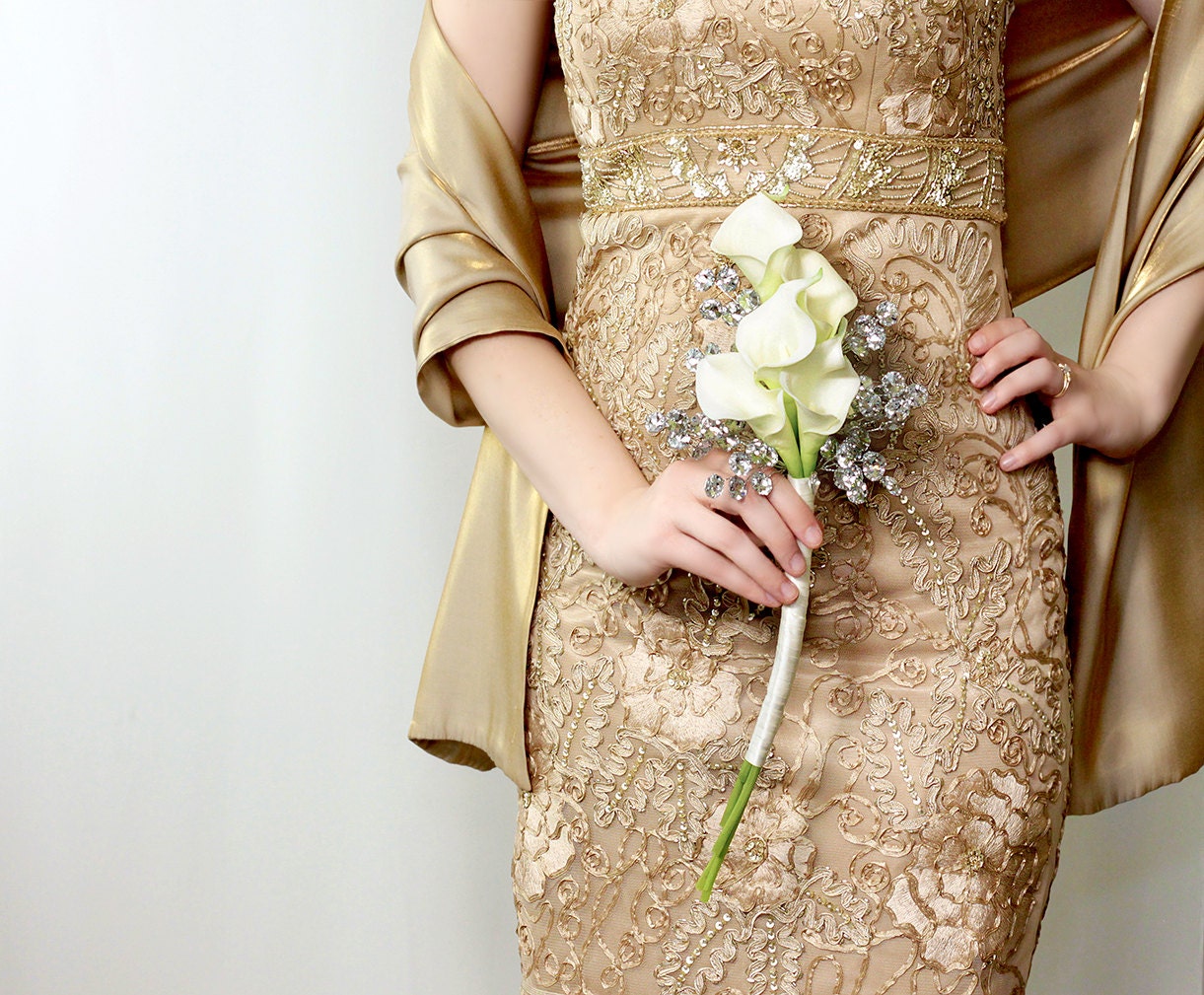 Wedding Flowers - Calla Lily Bridesmaid Bouquet of White Lilies and Silver Mirrored Beads