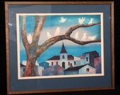 Vintage Mid-Century Modern / Modernist RAMON LLOVET Woodblock / Serigraph Silkscreen Print of Doves and Cityscape