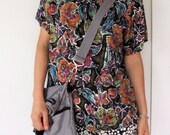 vintage women 80s olive green lime purple pink orange coral blue flowers floral printed shoulder pads boxy blouse (small)