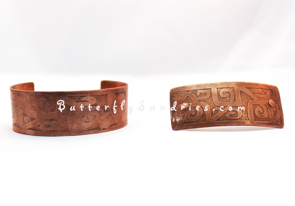 OOAK Etched Copper Bracelet and Hair Barrette Set