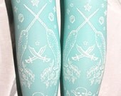 Pirate Printed Tights Narwhal Pastel Semi Opaque Tights Sheer Small Medium White on Light Blue Womens