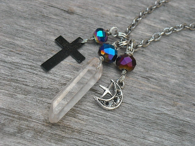Crystal Point Necklace, Moon Necklace, Black Cross Necklace, Nu Goth, Pastel Goth, Soft Grunge, Quartz Crystal, Crystal Necklace, Pendulum,