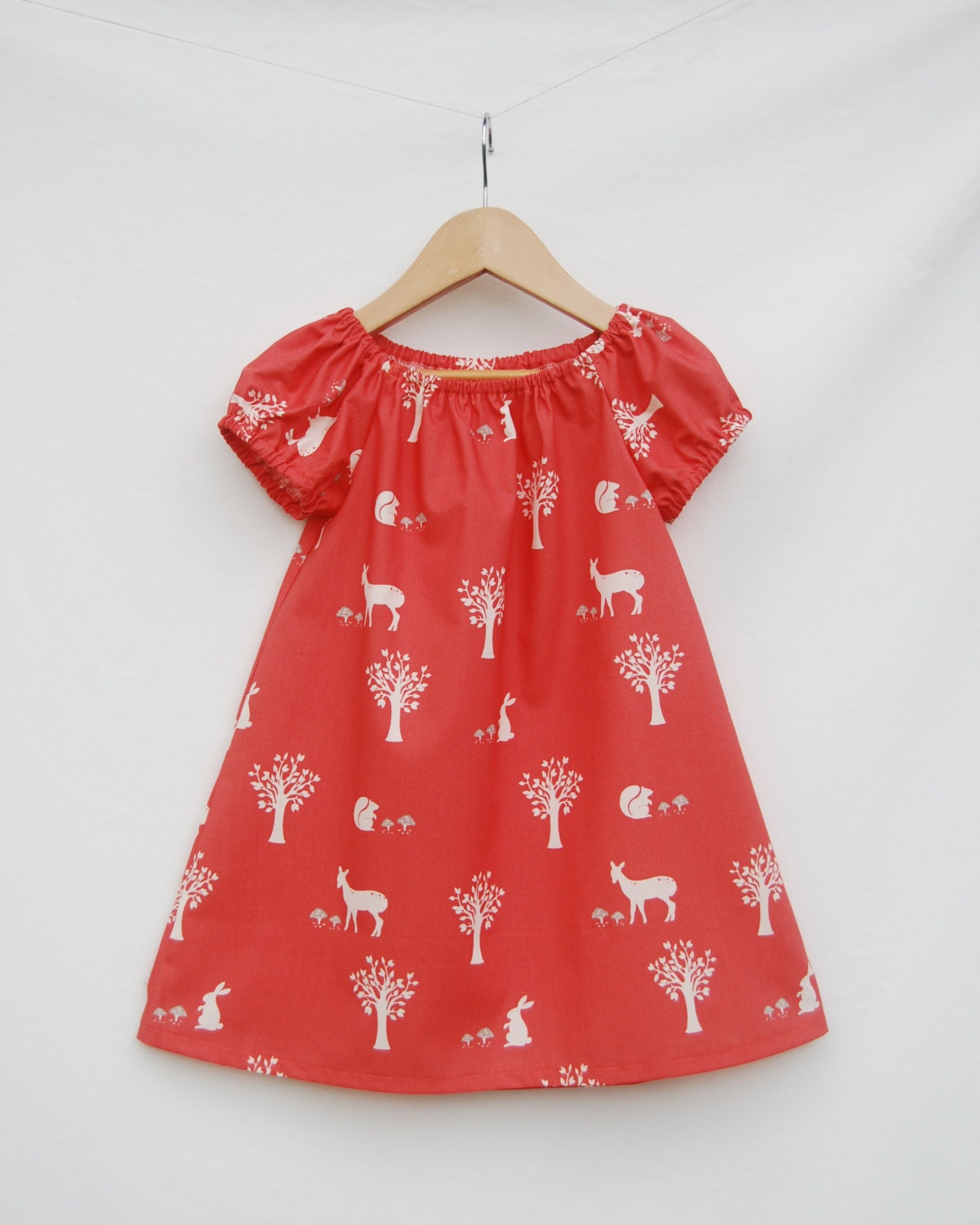 Eco - Friendly Sundress - Organic Peasant Dress for Girls - Coral Woodland Print - Organic Clothing
