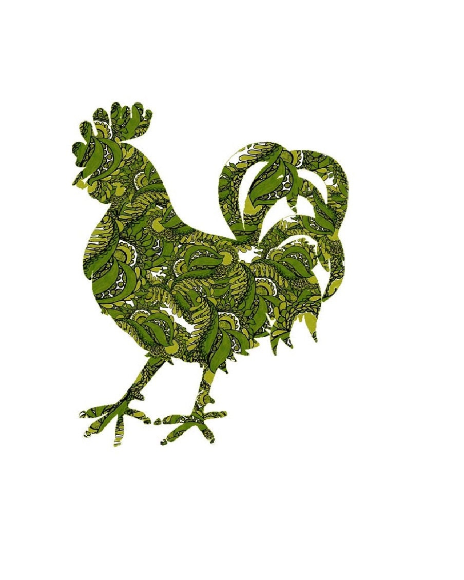 farm animal, rooster picture, kitchen wall art, print of rooster, green and gold, modern rooster, dining room art, modern kitchen