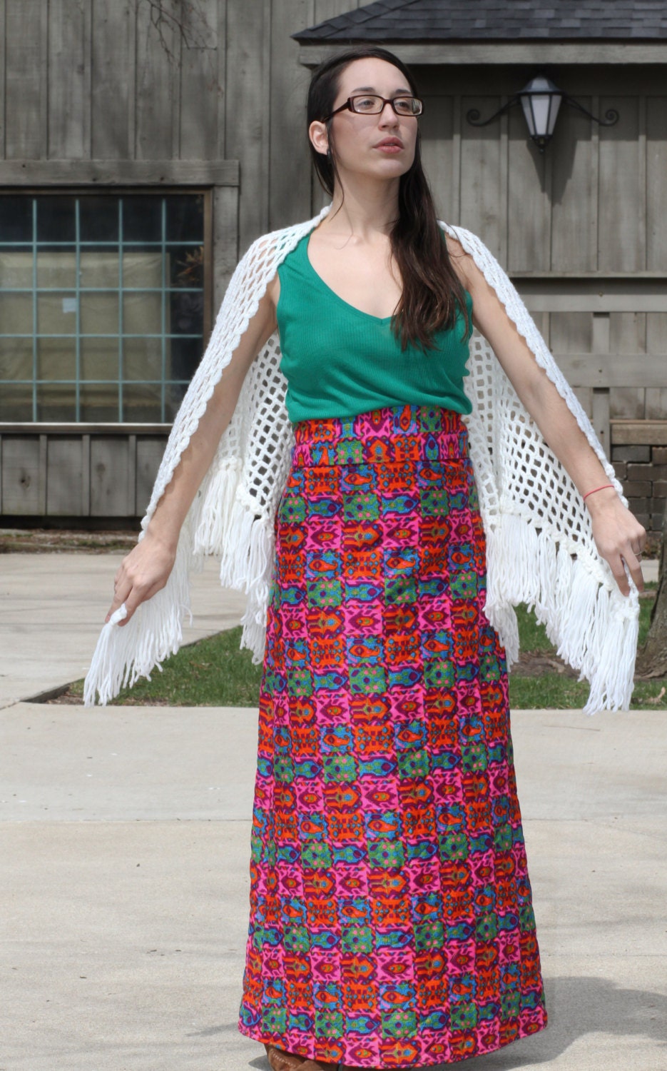 Vintage 60s 70s PSYCHEDELIC Multicolored Pattern Quilted High-Waist Maxi Skirt w/ Matching Obi Sash Belt - Small / S