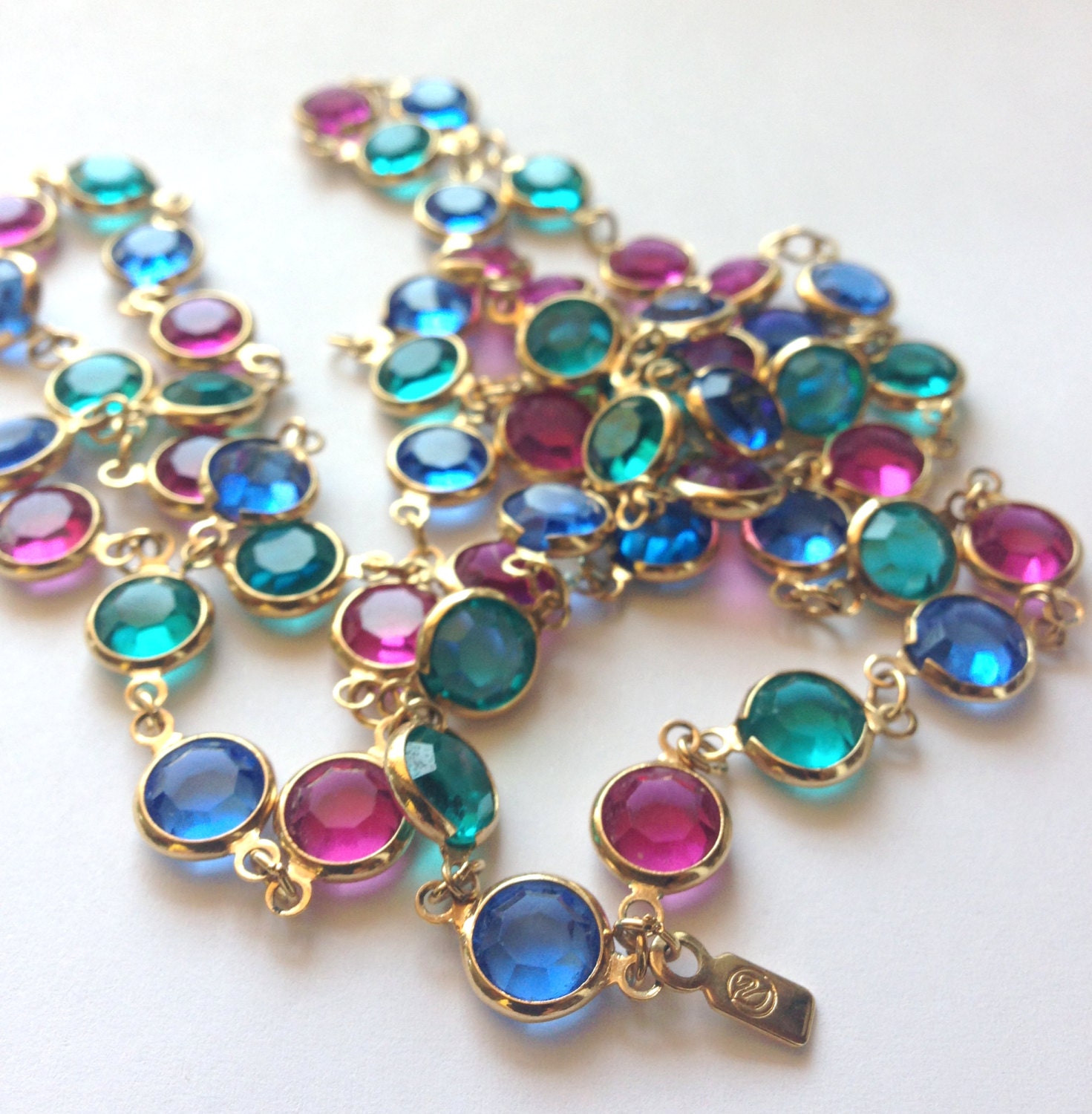 Crystal Swarovski Necklace - Gold framed colored beveled crystals - swan tag - signed - genuine - chanel style - pink green blue