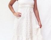 70s White Sundress Vintage Cotton Midi Dress S Small Stretchy Smock Top White Sundress Seersucker Cotton