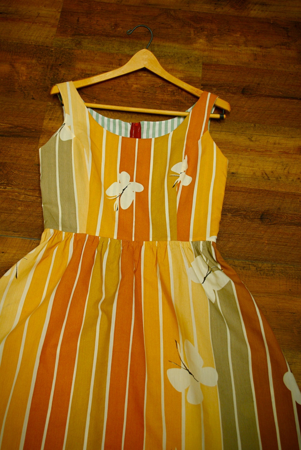 Striped Butterfly Vintage Inspired Tan and Grey Dress - Women's Sustainable Sundress Size Large