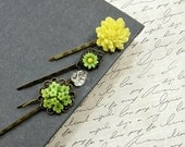 Flower Bobby Pins, Green Yellow Bobbies Set , Hair Pins, Spring Accessories by Flower Couture
