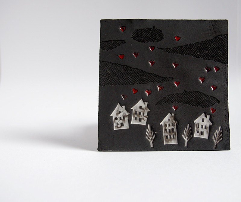 wall hanging, ceramic tile, Home Sweet Home, black, red and white, monochrome, modern, minimalist home decor, wall art by karoArt ceramics