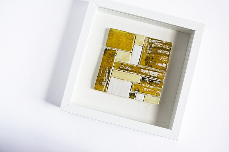 SALE 50%, ceramic wall art, pottery tile, abstract, geometric, minimalist wall hanging, white and yellow home decor. For him, for new home.