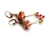 Coral Orange Bronze Flower Earrings -  NKFree leverback  - artisan jewelry made in France - polymer clay