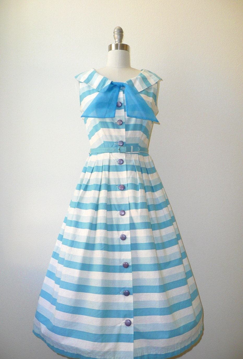 vintage 1950s Dress // White & Blue Striped Cotton Day Dress