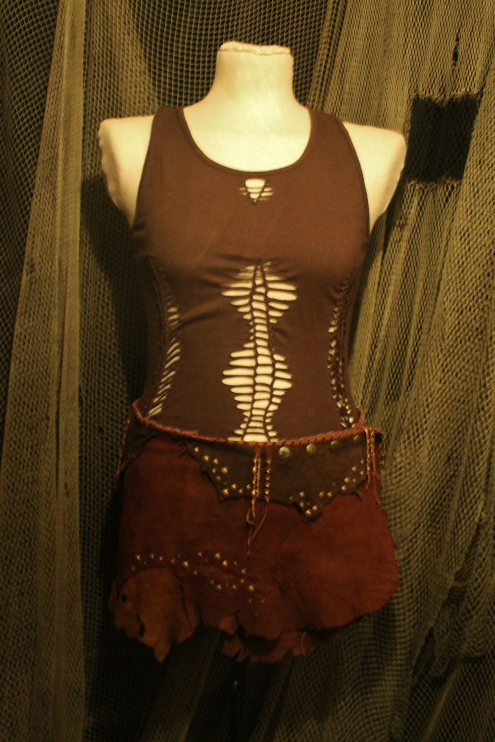 sliced cut and braided tattered torn tank top in green or woodland brown steampunk fairytail pixie