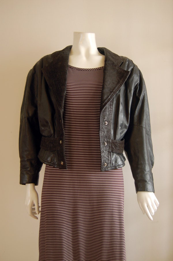 80s Vintage Black Leather Jacket - Dolman Sleeves