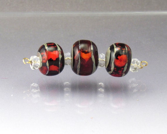Handmade lampwork glass bead set Red Orange Stripes Sea Rocks Anne Londez  SRA OOAK