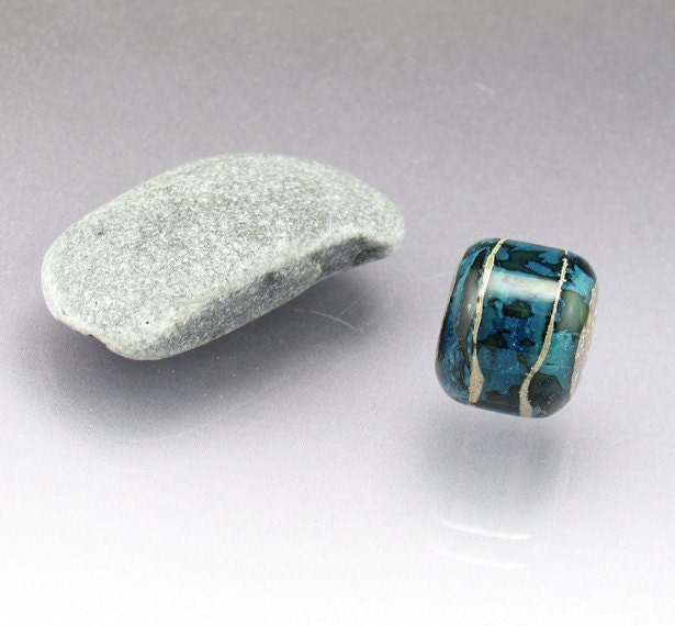 Lampwork  focal bead barrel bead aqua blue Sea Rocks Anne Londez