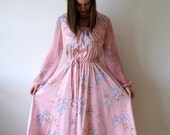 Pink Sheer Dress. 70s Spring Floral Dress. Small / Medium.